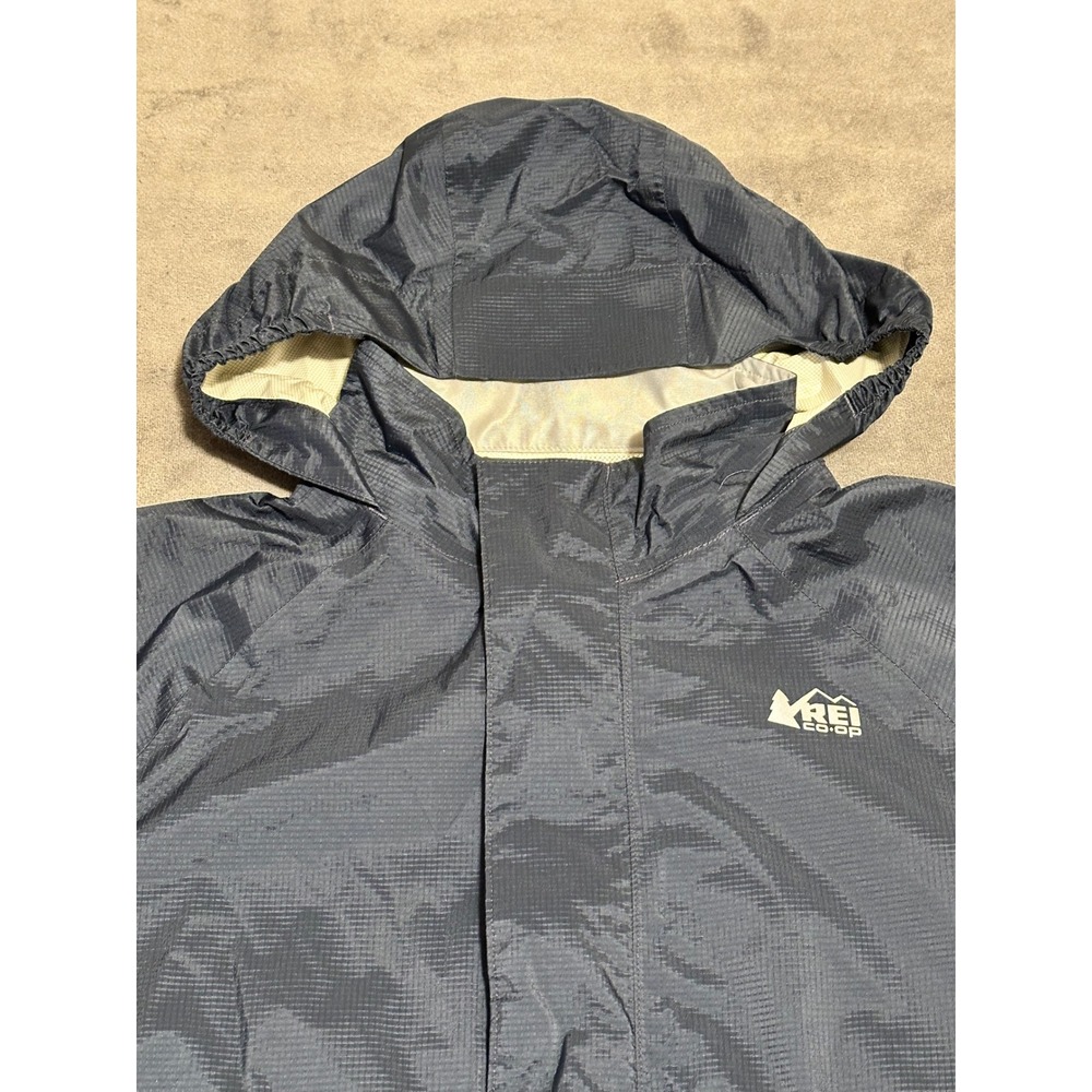 REI Co-op Kids Rain Jacket Navy Blue Ripstop Hooded Shell Size Medium 10-12